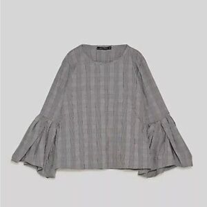 Zara 4437/272/064 womens black white checked bell sleeve top blouse small